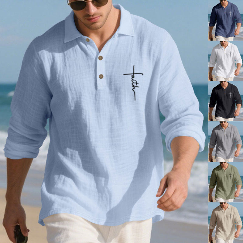 Men's long-sleeve polo shirt with textured fabric and stylish button placket Lisslune