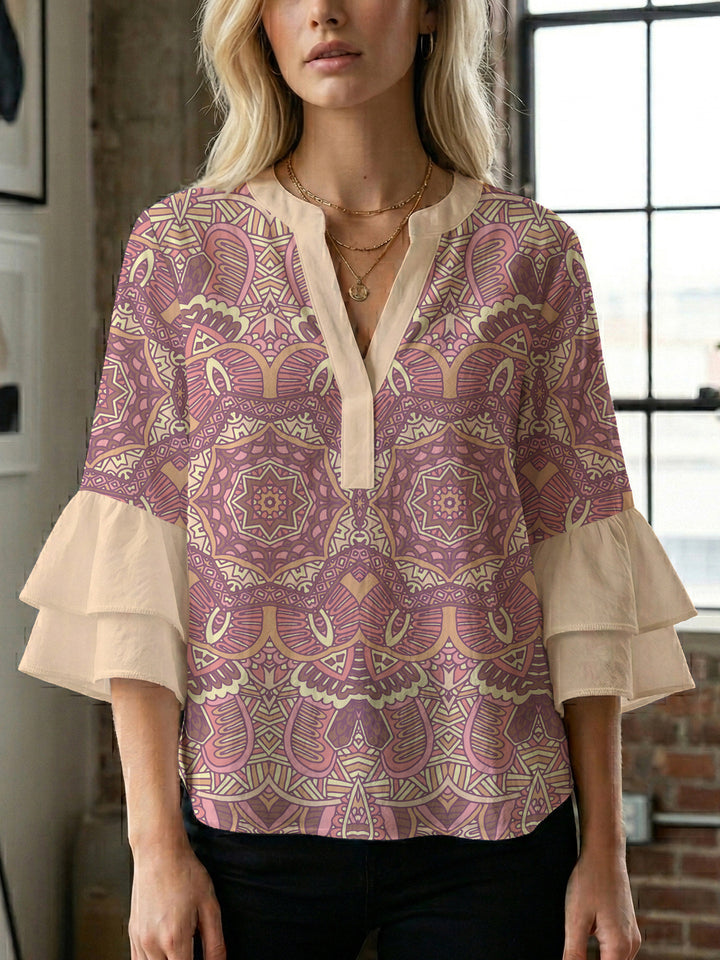 Ladies elegant blouse shirt with voluminous puff sleeves and graphic floral design Lisslune