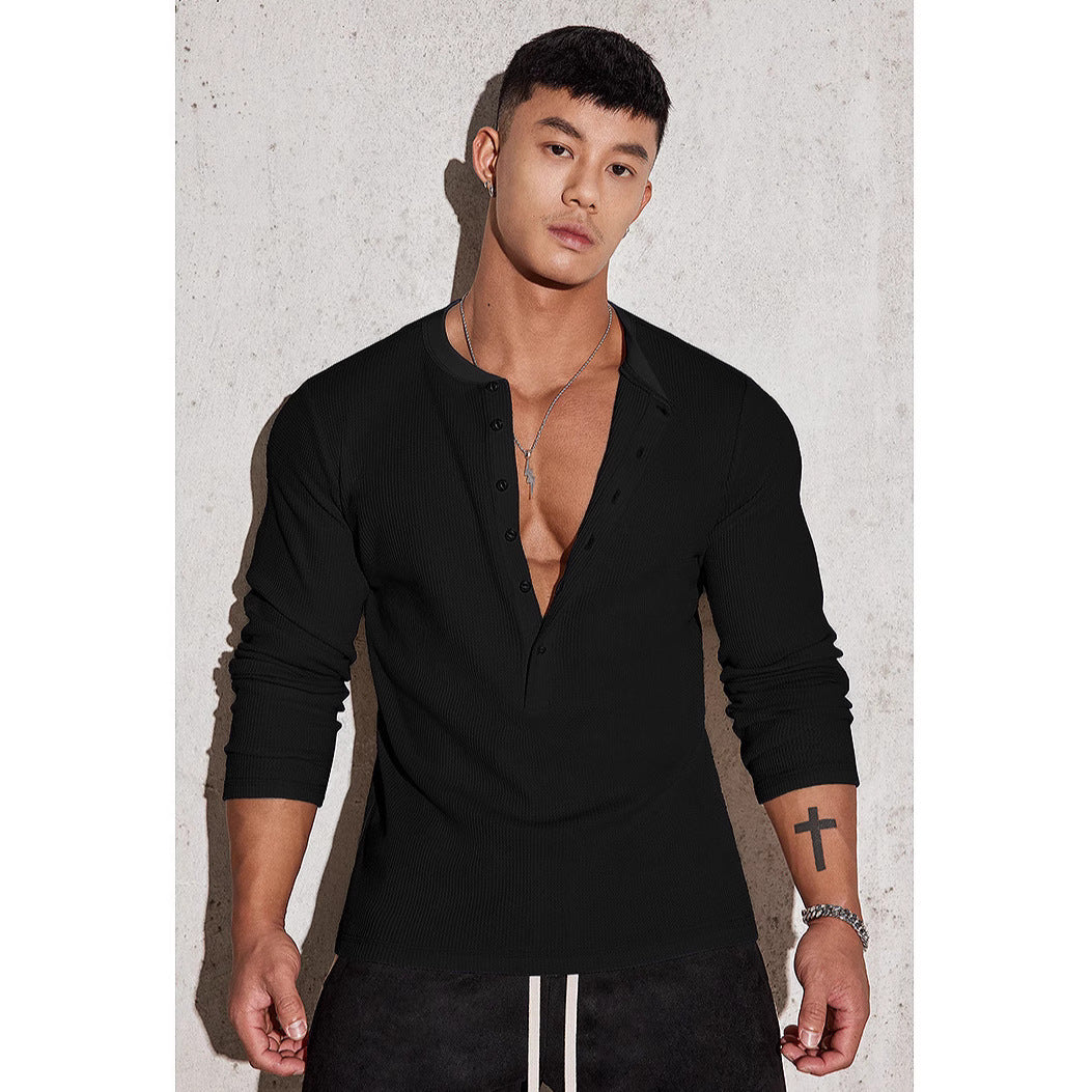 Men's long-sleeve shirt with textured design and fashionable button details Lisslune