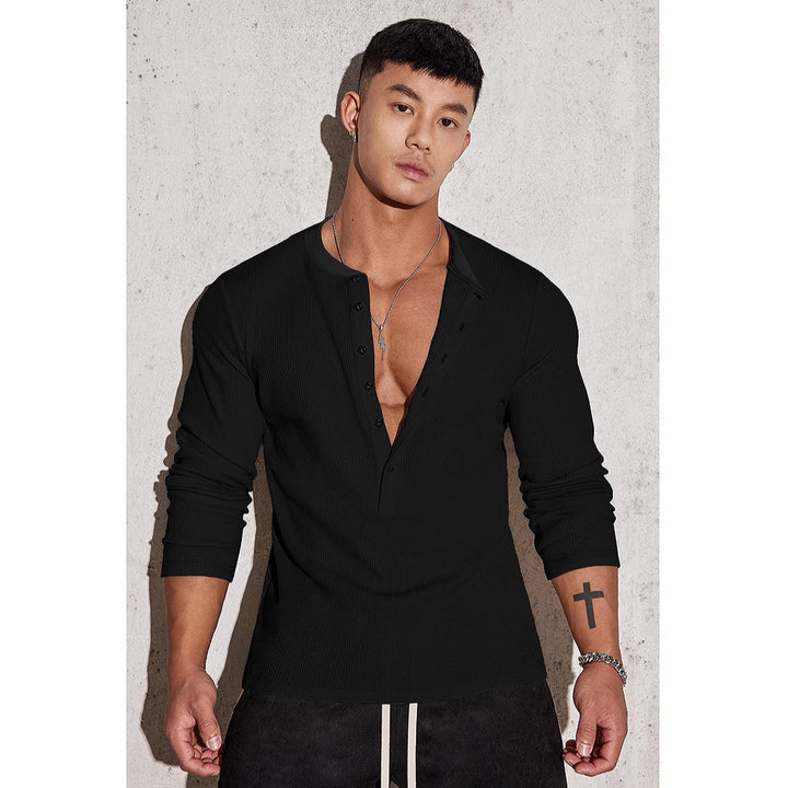 Men's long-sleeve shirt with textured design and fashionable button details Lisslune