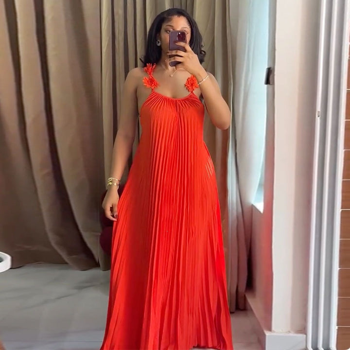 Damen Elegantes Maxikleid mit lässigem Faltenwurf und dekorativen Schulterblüten Lisslune