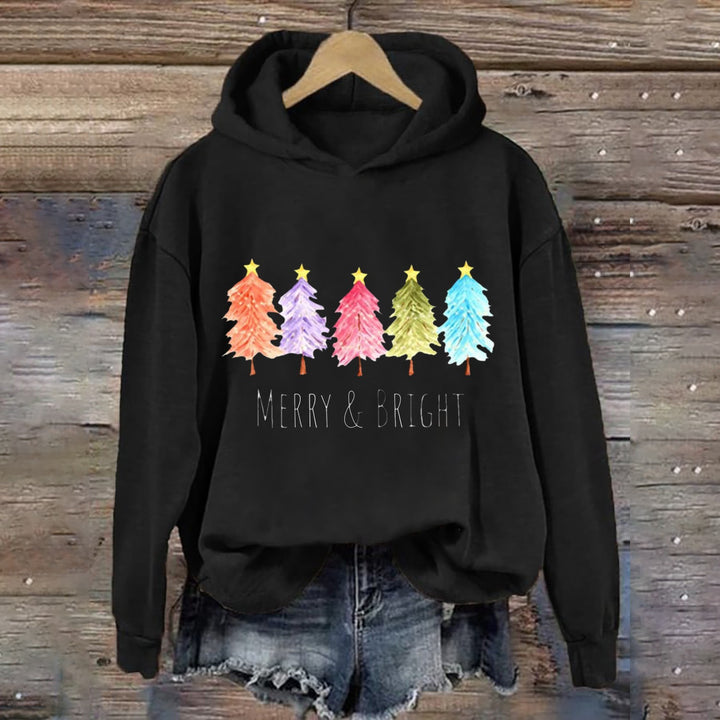 Women's Hooded Sweatshirt with Festive Tree Graphic Lisslune