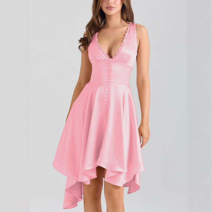 Women Playful Evening Dress with Asymmetrical Hem and Delicate Button Details Lisslune