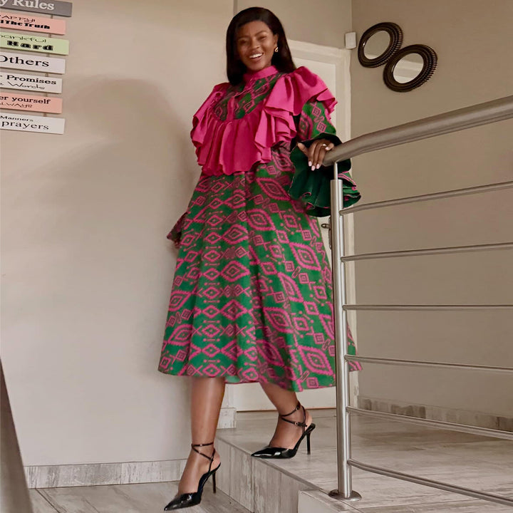 Ladies maxi dress with unusual ruffle design and geometric pattern Lisslune