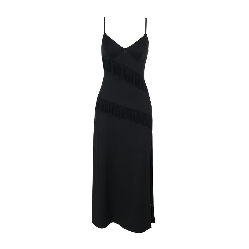 Ladies Elegant Maxi Dress with Playful Ruffle Details and Deep Slit Lune London