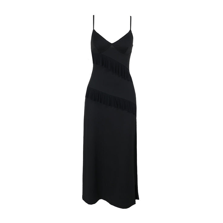 Ladies Elegant Maxi Dress with Playful Ruffle Details and Deep Slit Lune London