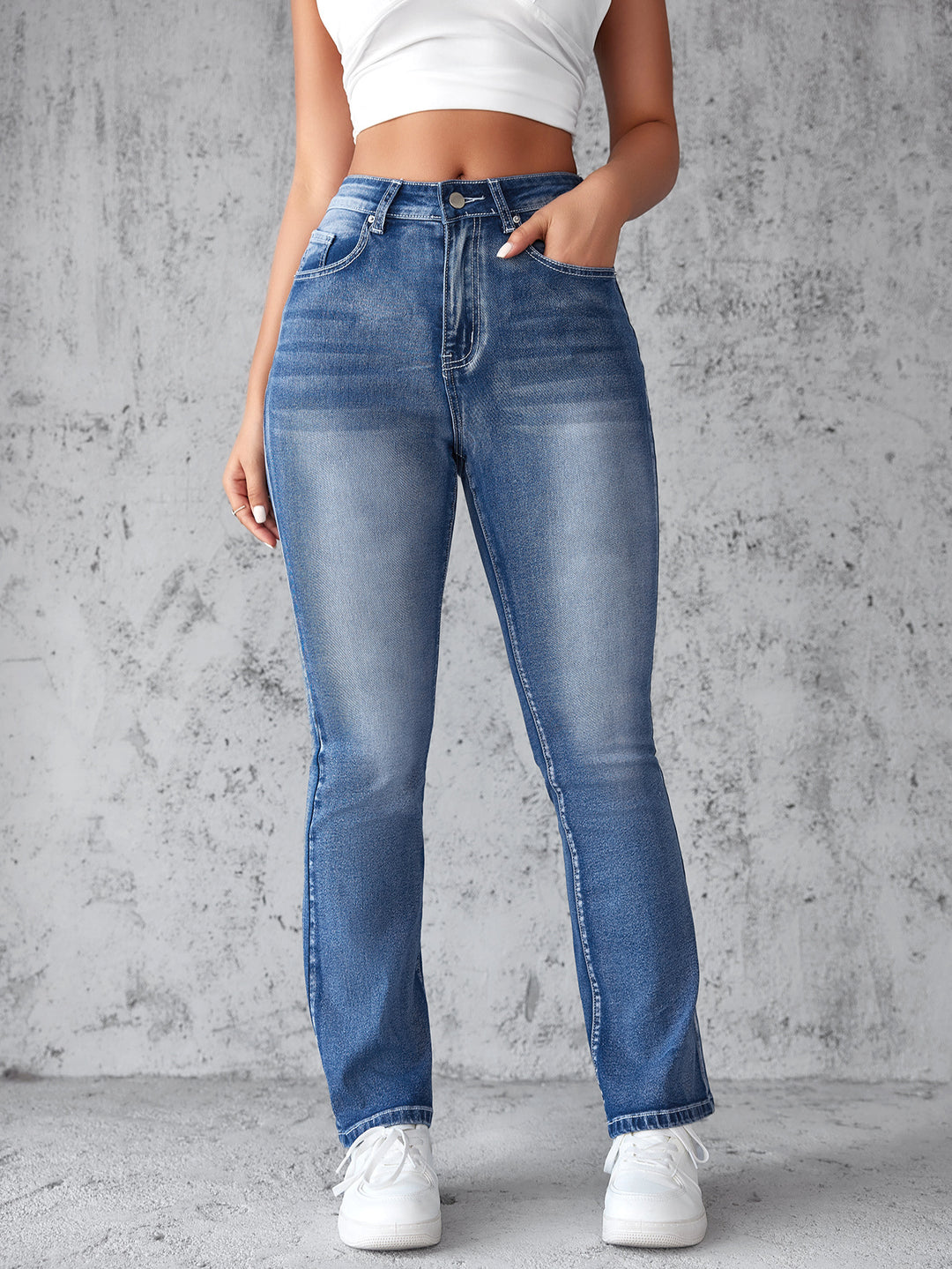 Women High-Waist Stretch Jeans with Cut Hem Lisslune