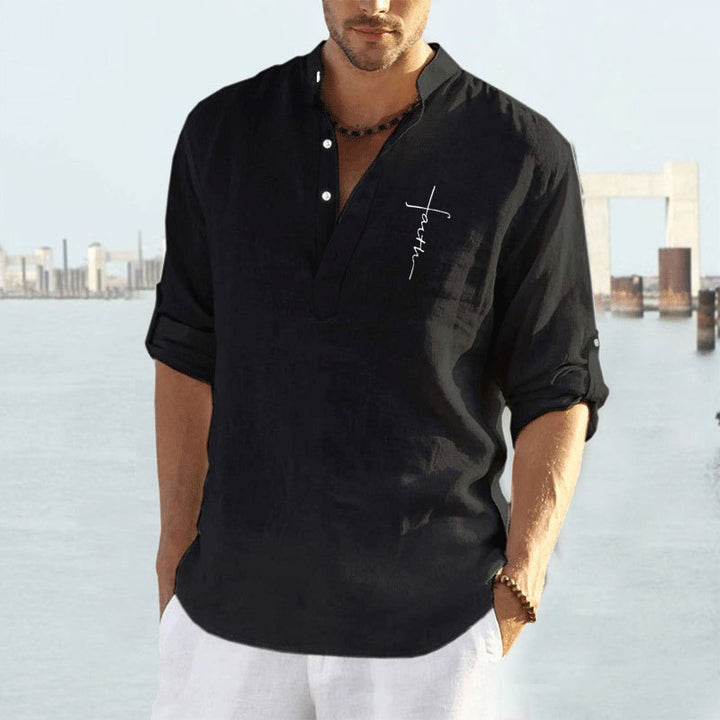 Men's linen shirt with modern stand-up collar and high-quality embroidery Lisslune