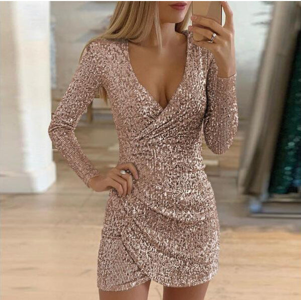 Women's sparkling party dress with figure-flattering cut and V-neck
