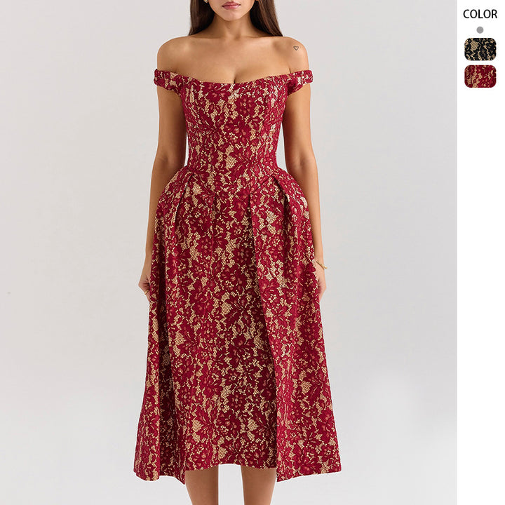 Women's evening dress with refined lace appliqués and elegant cut