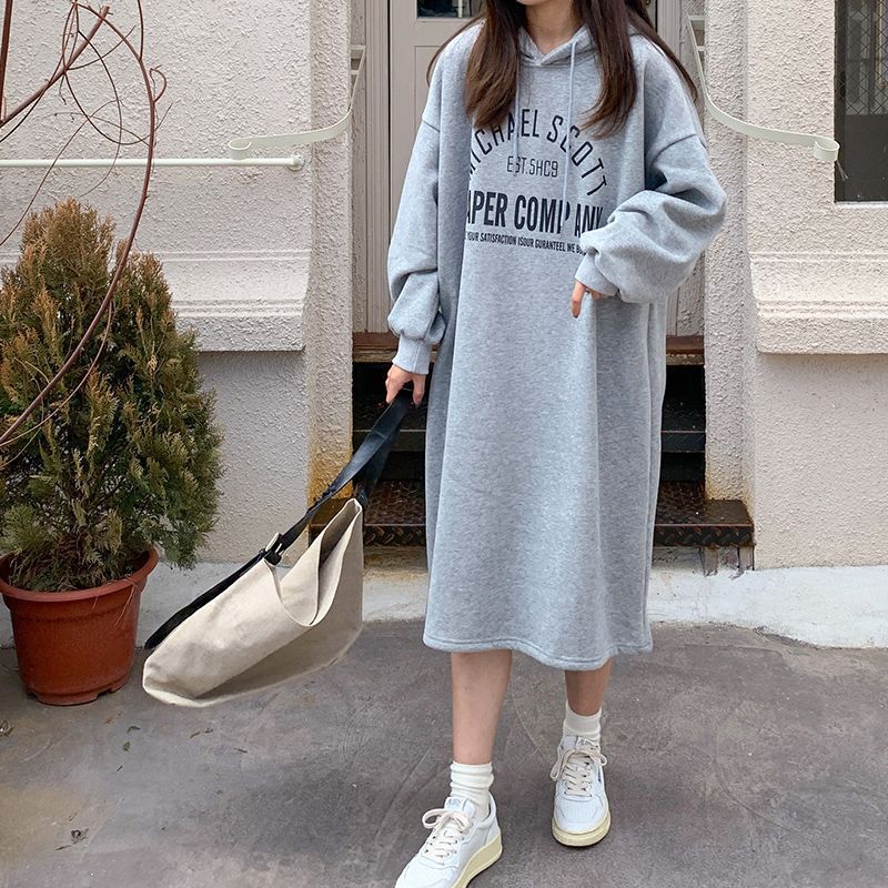 Women's hoodie dress with modern logo print and casual cut