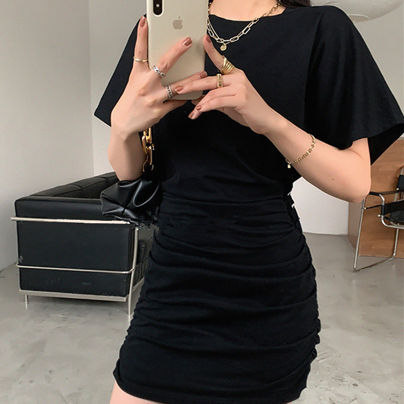 Ladies elegant mini dress with gathering and deep V-neck