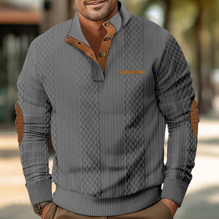 Men's structured sweater with stylish Henley neckline and tasteful synthetic leather details Lisslune