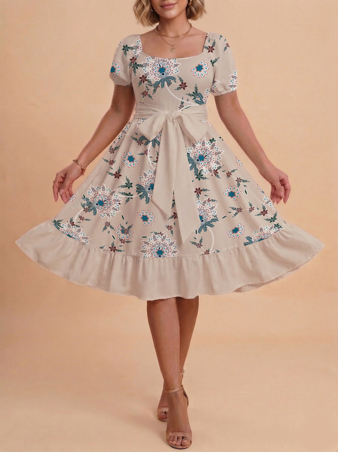 Women's floral dress with adjustable belt and voluminous sleeves Lisslune