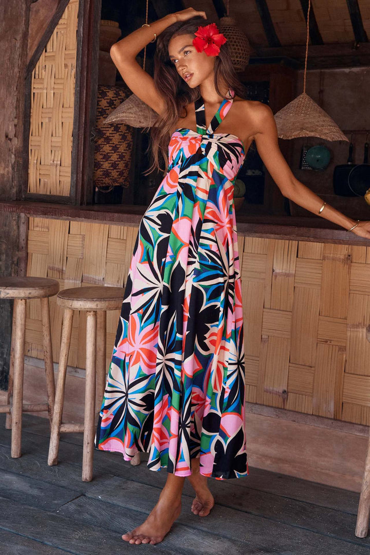 Women's maxi dress with floral bandeau design and elegant flared skirt