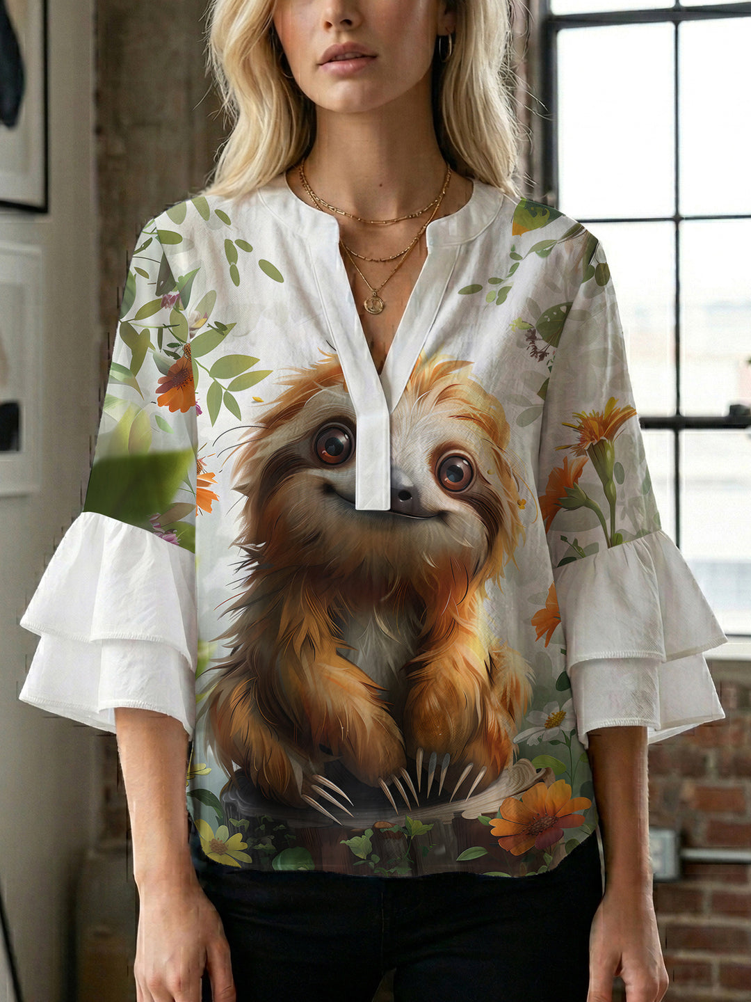 Women Elegant Top with Voluminous Puff Sleeves and Floral Print Lisslune
