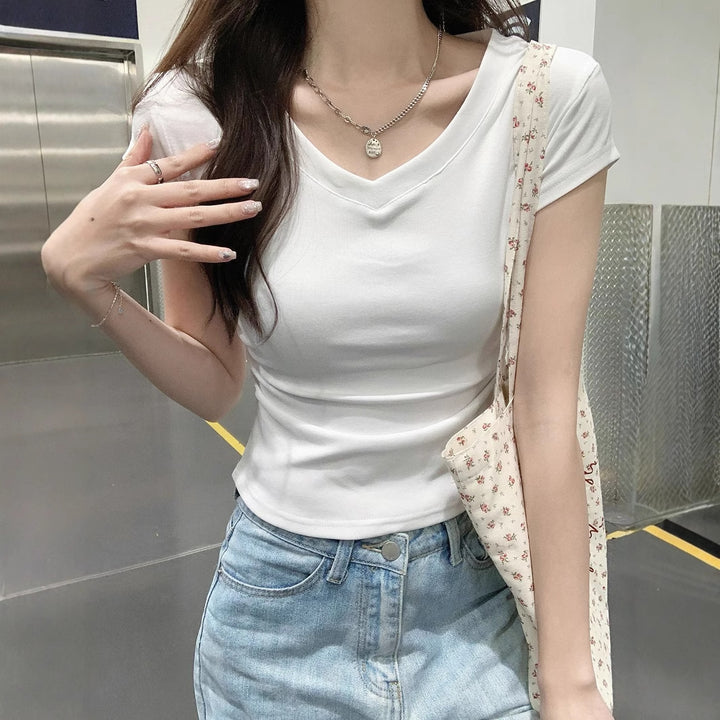 Women's Cropped T-Shirt with V-Neck and Fitted Cut