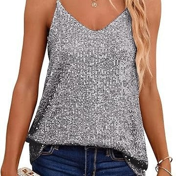Women's Sparkling Spaghetti Strap Top with V-Neck and Shimmering Details Lisslune