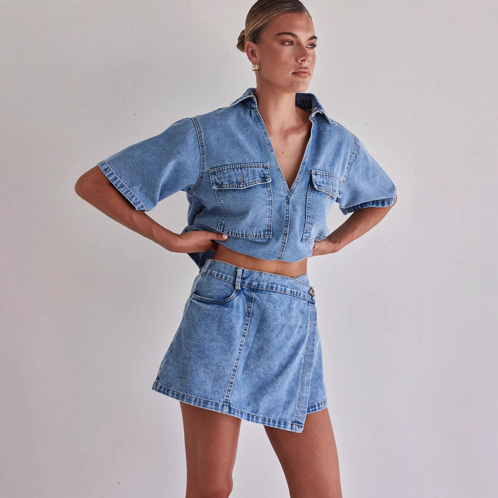 Women's denim short jacket with matching skirt in casual style Lisslune