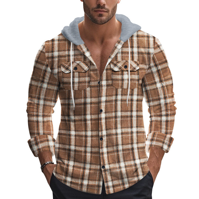 Men's Casual Check Pattern Shirt with Hood and Practical Pockets Lisslune