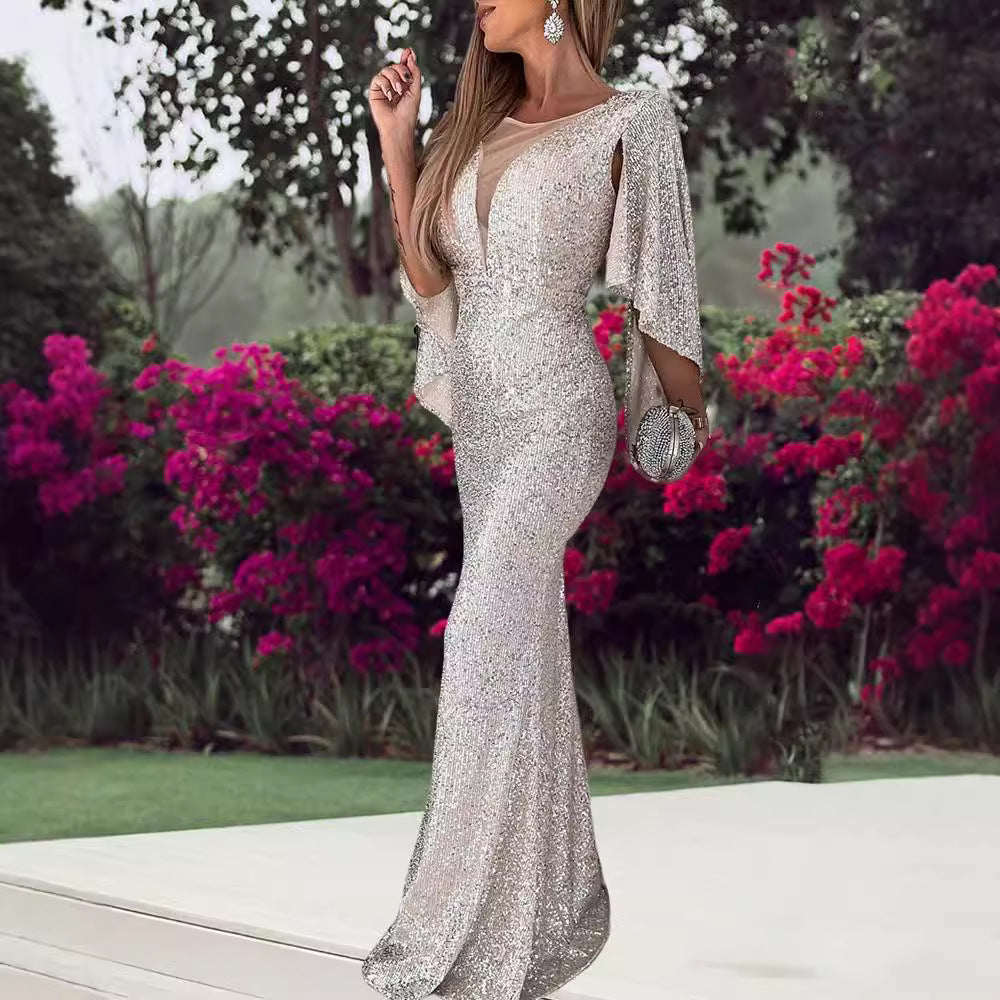 Ladies Sparkling Evening Dress with Deep V-Neck and Wide Sleeves Lisslune