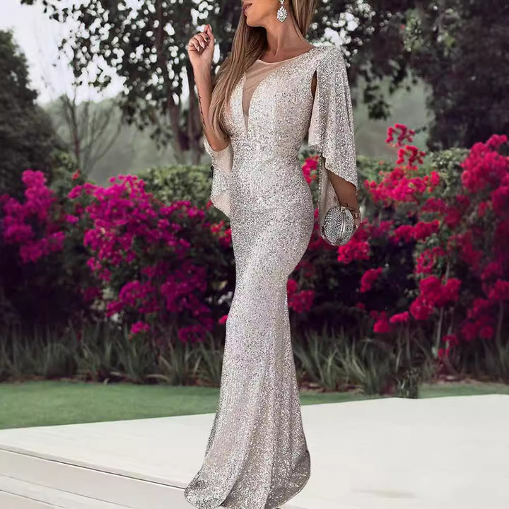 Ladies Sparkling Evening Dress with Deep V-Neck and Wide Sleeves Lisslune