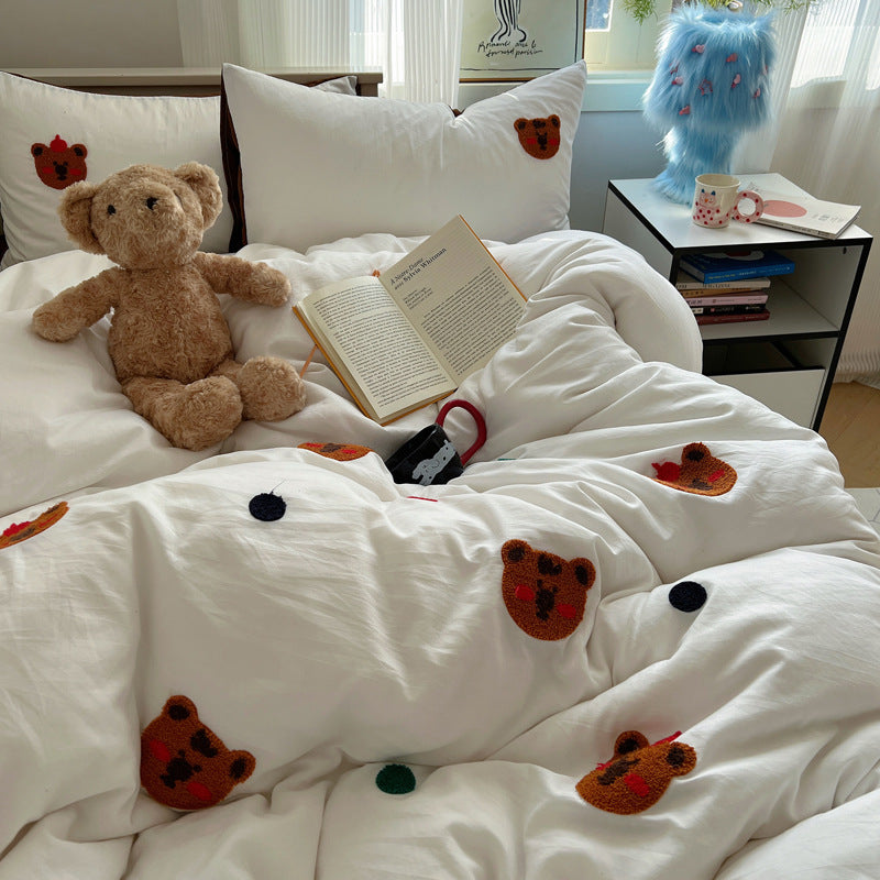 Rynx | Spring and Summer In the Girl's Heart Maillard Coffee Bear Towel Embroidered Washed Cotton Bed Sheet 1.5M Three or Four Piece Set 1.8