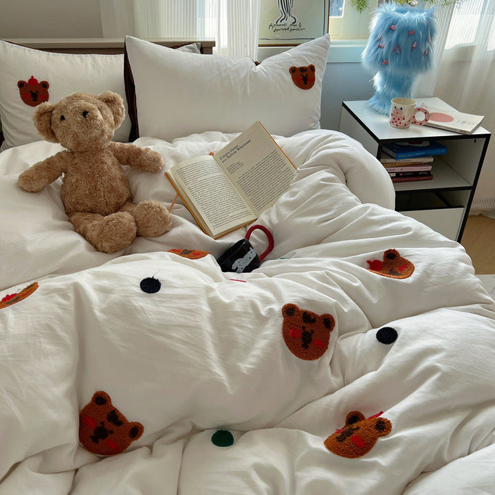 Rynx | Spring and Summer In the Girl's Heart Maillard Coffee Bear Towel Embroidered Washed Cotton Bed Sheet 1.5M Three or Four Piece Set 1.8