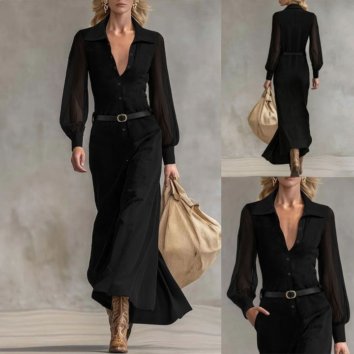 Women's maxi dress with transparent sleeves and waist belt Lisslune
