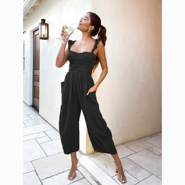 Ladies Casual Jumpsuit with Frilled Straps and Practical Pockets