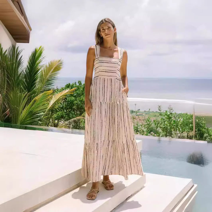 Ladies' maxi dress with adjustable straps and unique striped pattern Lune London