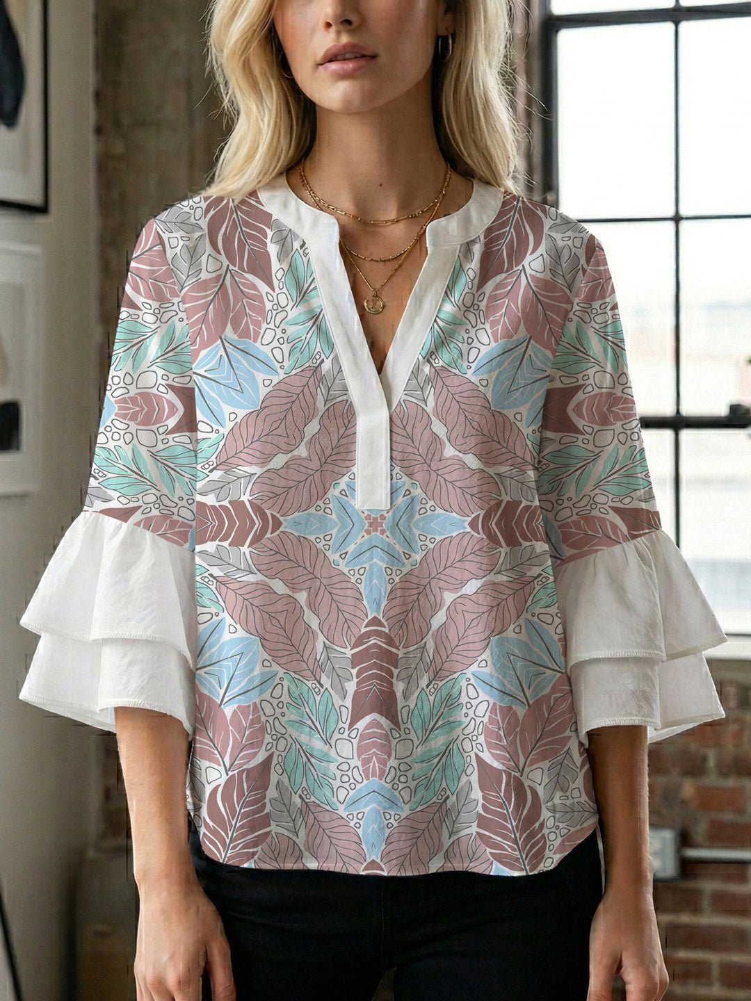 Ladies elegant top with voluminous ruffle hems and floral design Lisslune
