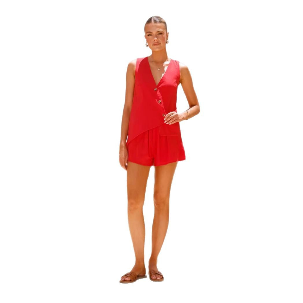 Women's casual summer outfit with V-neck and asymmetrical cut