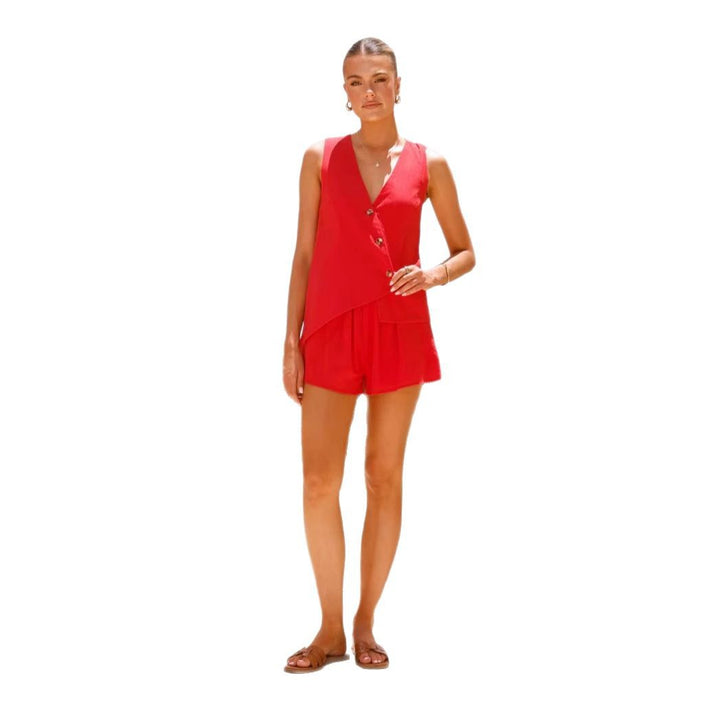 Women's casual summer outfit with V-neck and asymmetrical cut