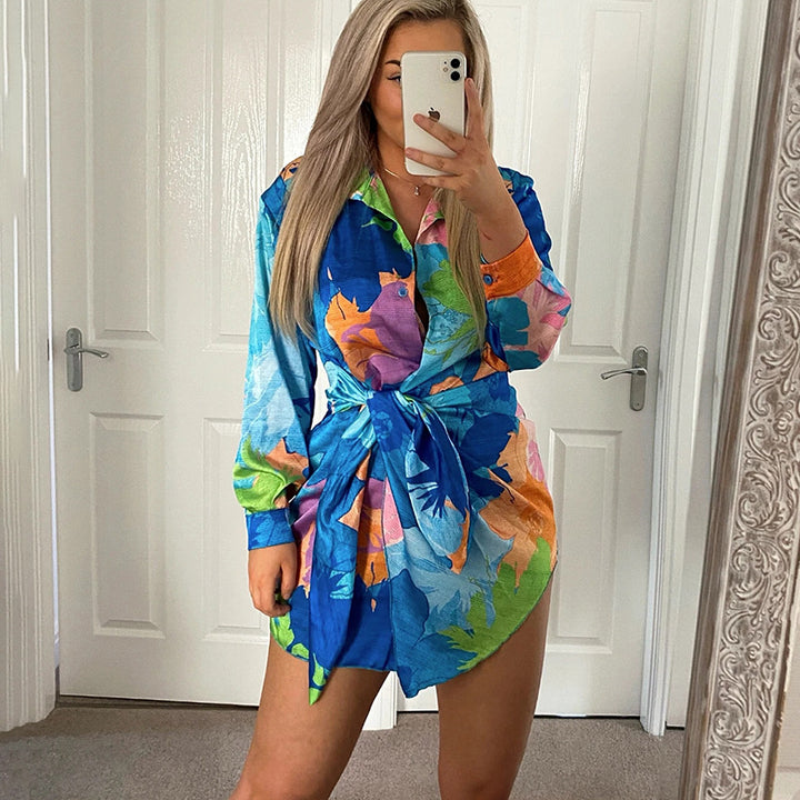 Women's shirt dress in innovative wrap design with colorful floral pattern