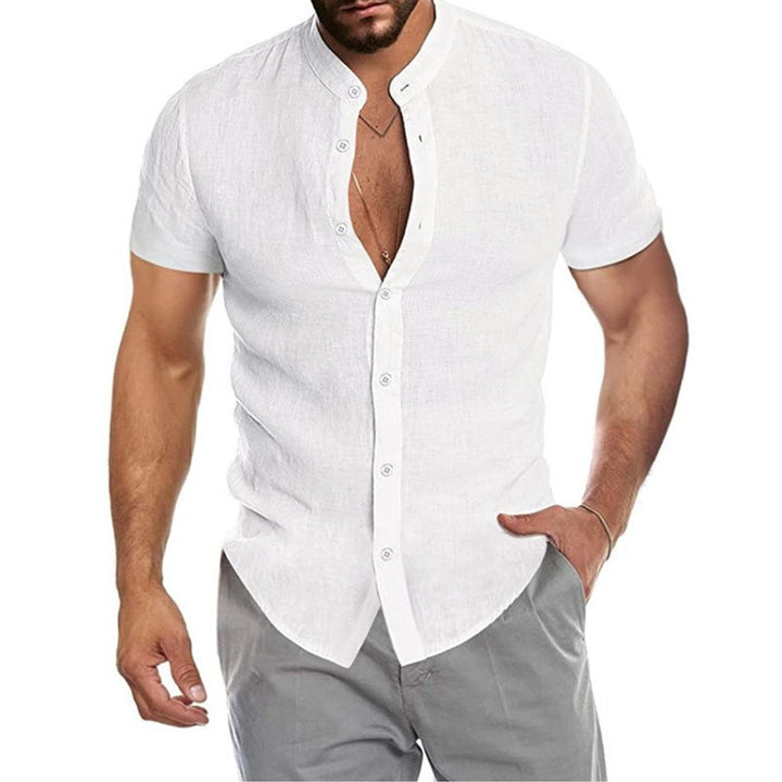 Men's short-sleeve shirt with modern stand-up collar and decorative button details Lisslune