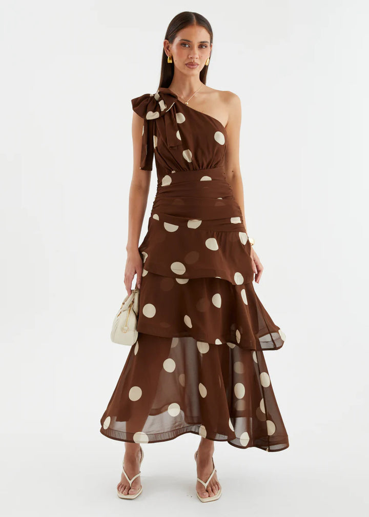 Women's maxi dress with asymmetrical shoulder design and voluminous skirt Lune London