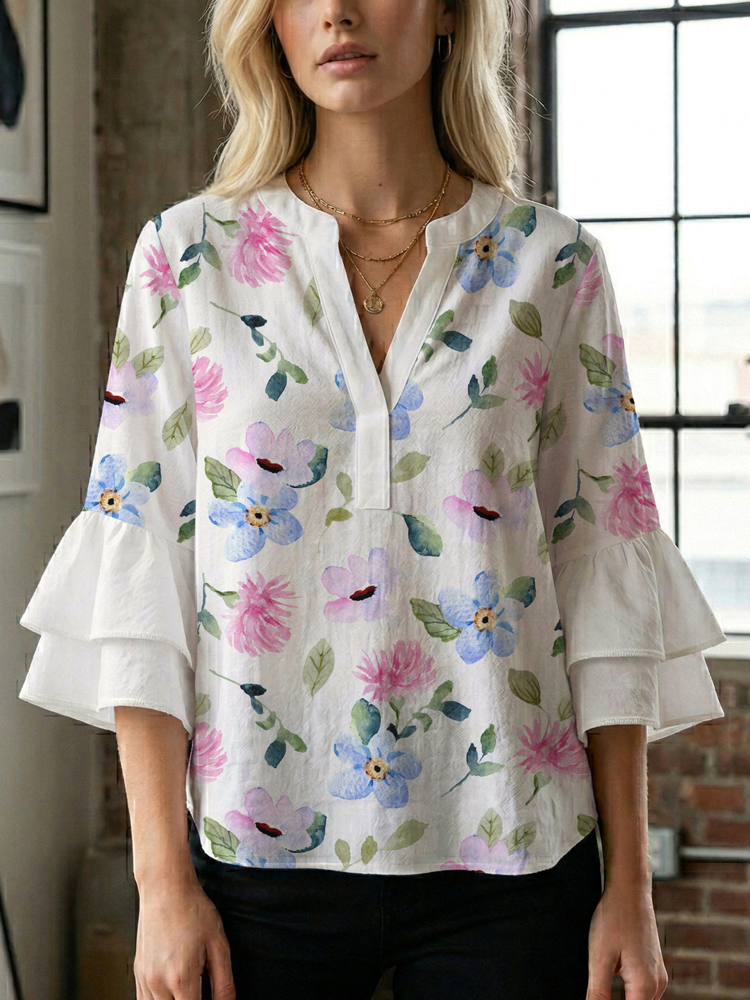 Ladies elegant blouse shirt with voluminous puff sleeves and graphic floral design Lisslune