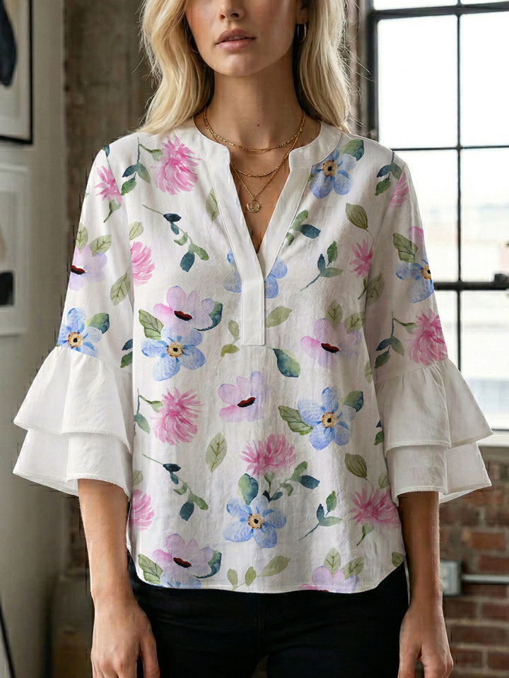Ladies elegant blouse shirt with voluminous puff sleeves and graphic floral design Lisslune