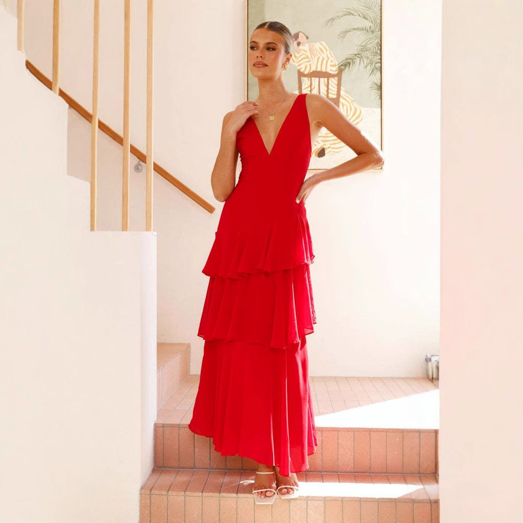 Women's Elegant Maxi Dress with Ruffles and Deep V-Neck