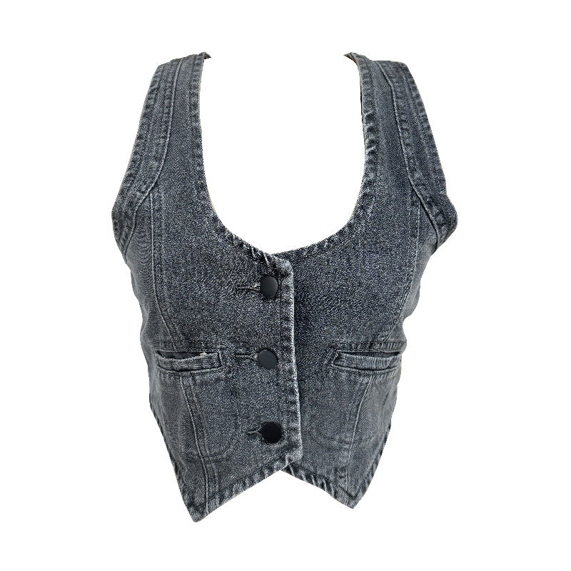 Women's denim vest with modern V-neck and practical pockets Lisslune
