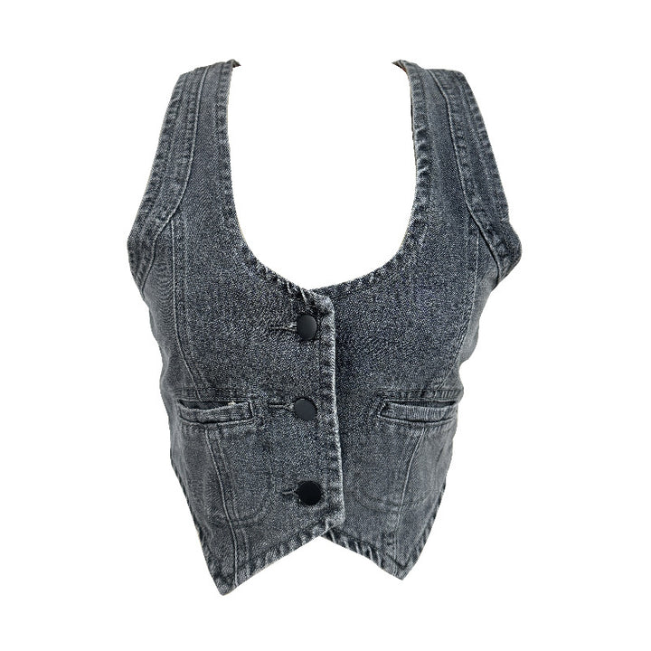 Women's denim vest with modern V-neck and practical pockets Lisslune