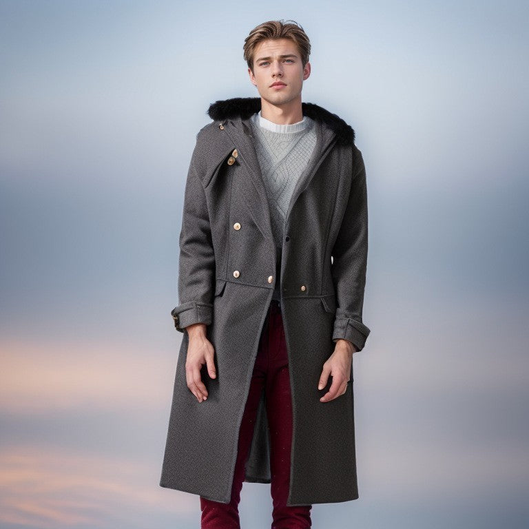 Men's elegant long coat with luxurious fur collar Lisslune