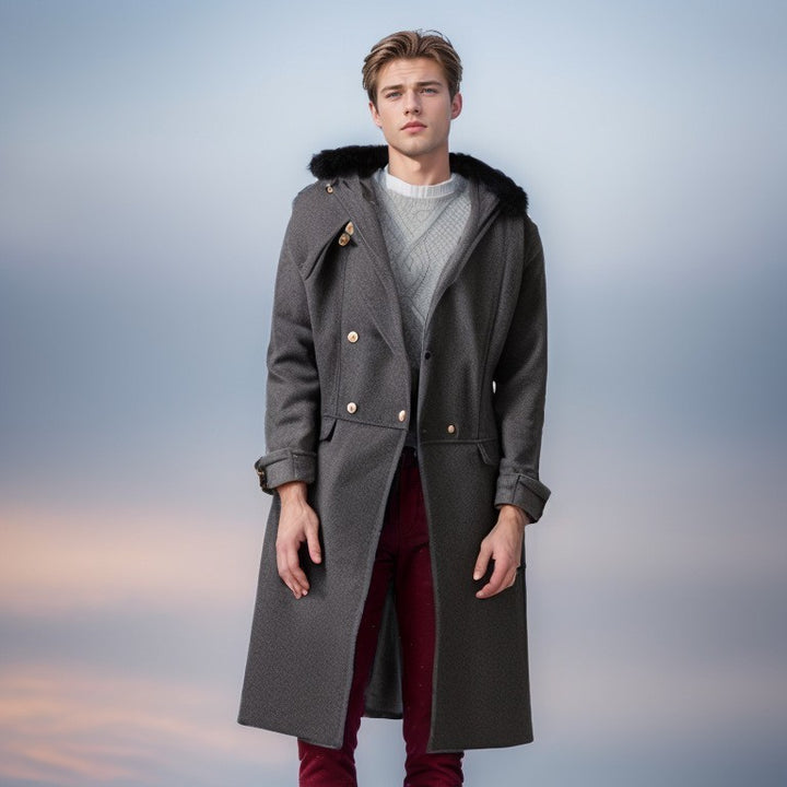 Men's elegant long coat with luxurious fur collar Lisslune