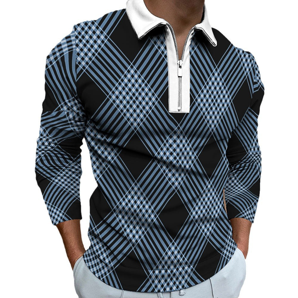 Men's long-sleeve polo shirt with fashionable check pattern and elegant zipper Lisslune