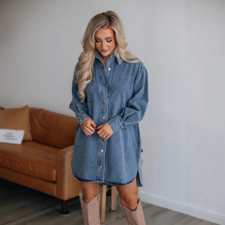 Women's Denim Shirt Dress with Exclusive Belt and Practical Pockets Lisslune
