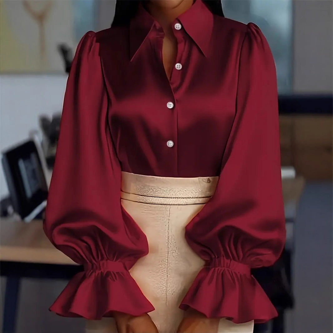 Damen elegante Seidenbluse mit Puffärmeln und schicker Knopfleiste Lisslune