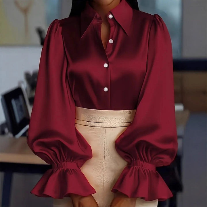 Damen elegante Seidenbluse mit Puffärmeln und schicker Knopfleiste Lisslune