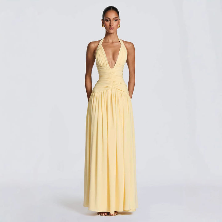 Ladies Elegant Maxi Dress with Strapless Neckline and Sophisticated Pleats