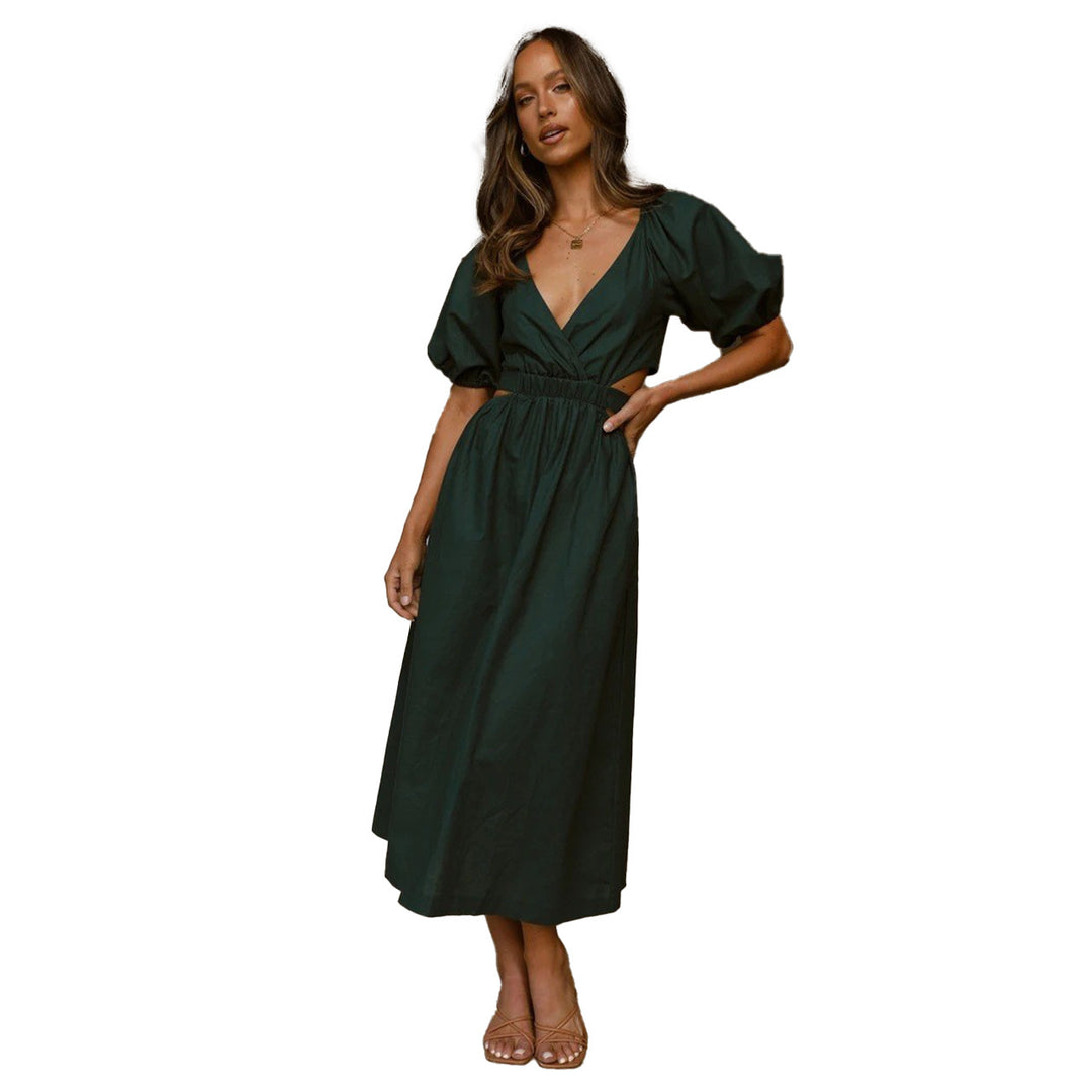 Women's maxi dress with elegant V-neck and puff sleeve details Lune London